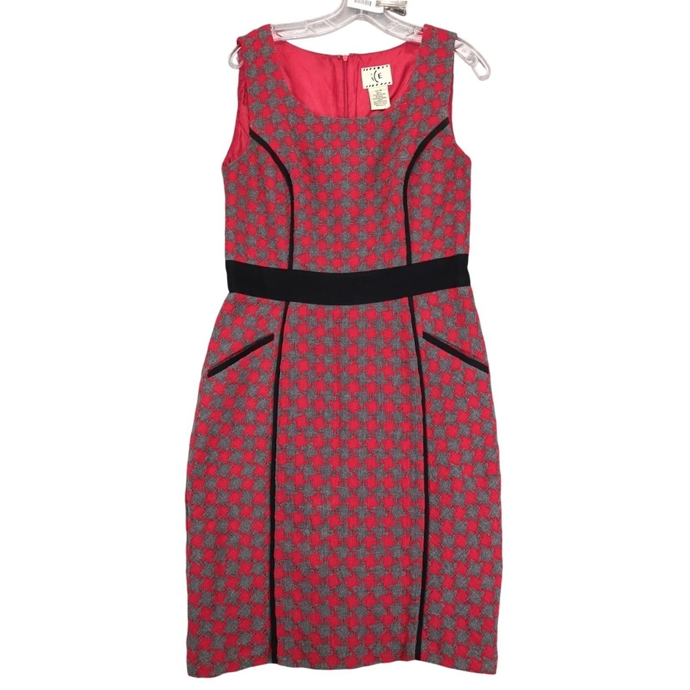 Vintage Ice Red Gray Houndstooth Sheath Dress Sz 10 Tweed Wool Blend Academia